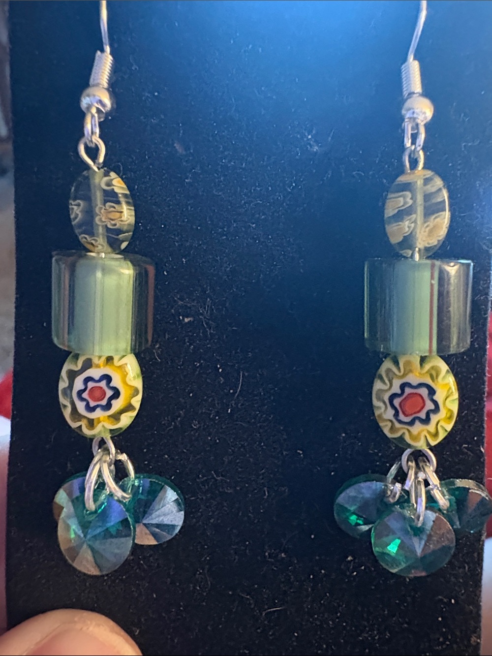 Hand Crafted Green Millefiori Bead Dangle Earrings